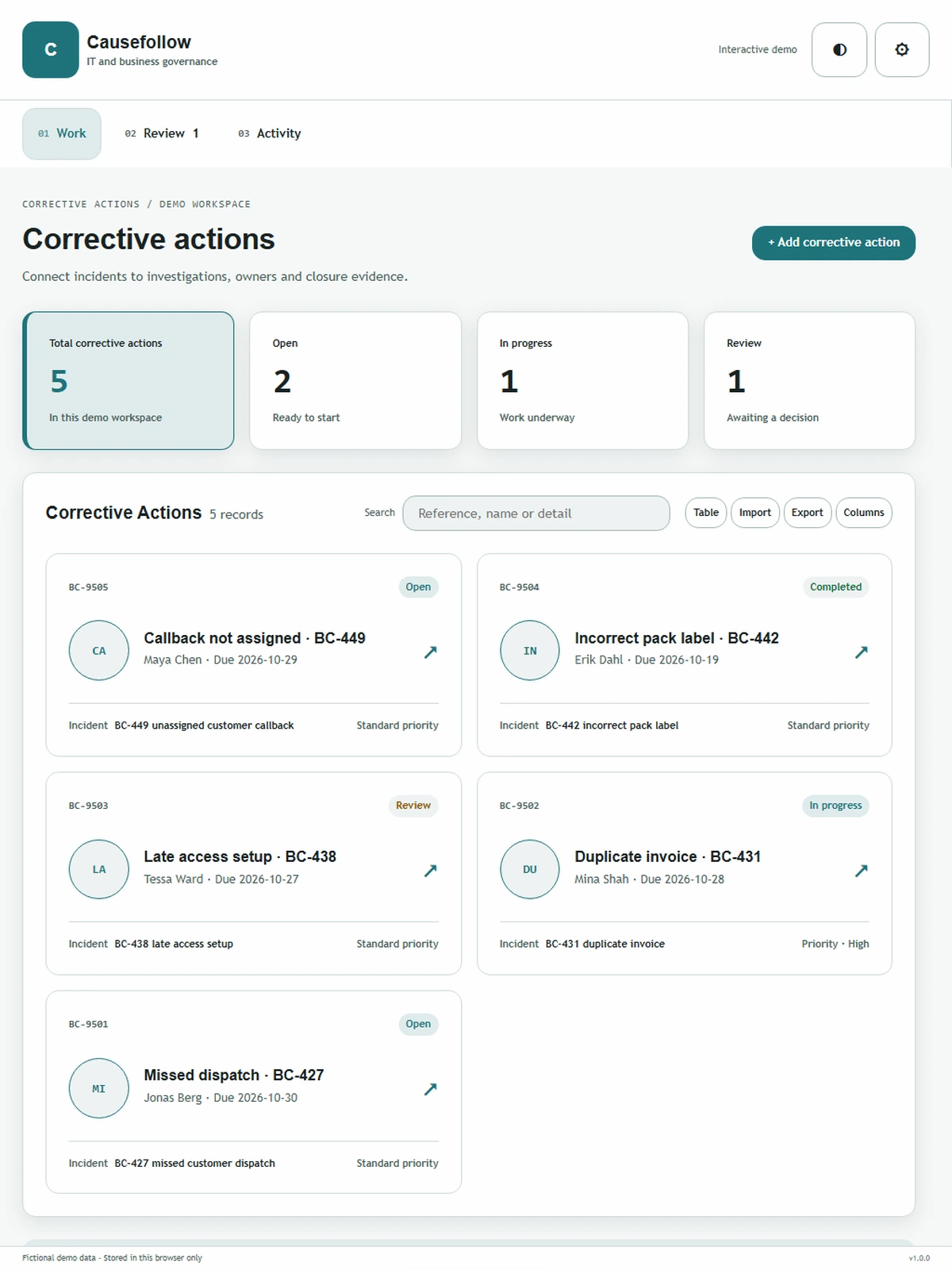 Causefollow responsive tablet workspace with sample business records.