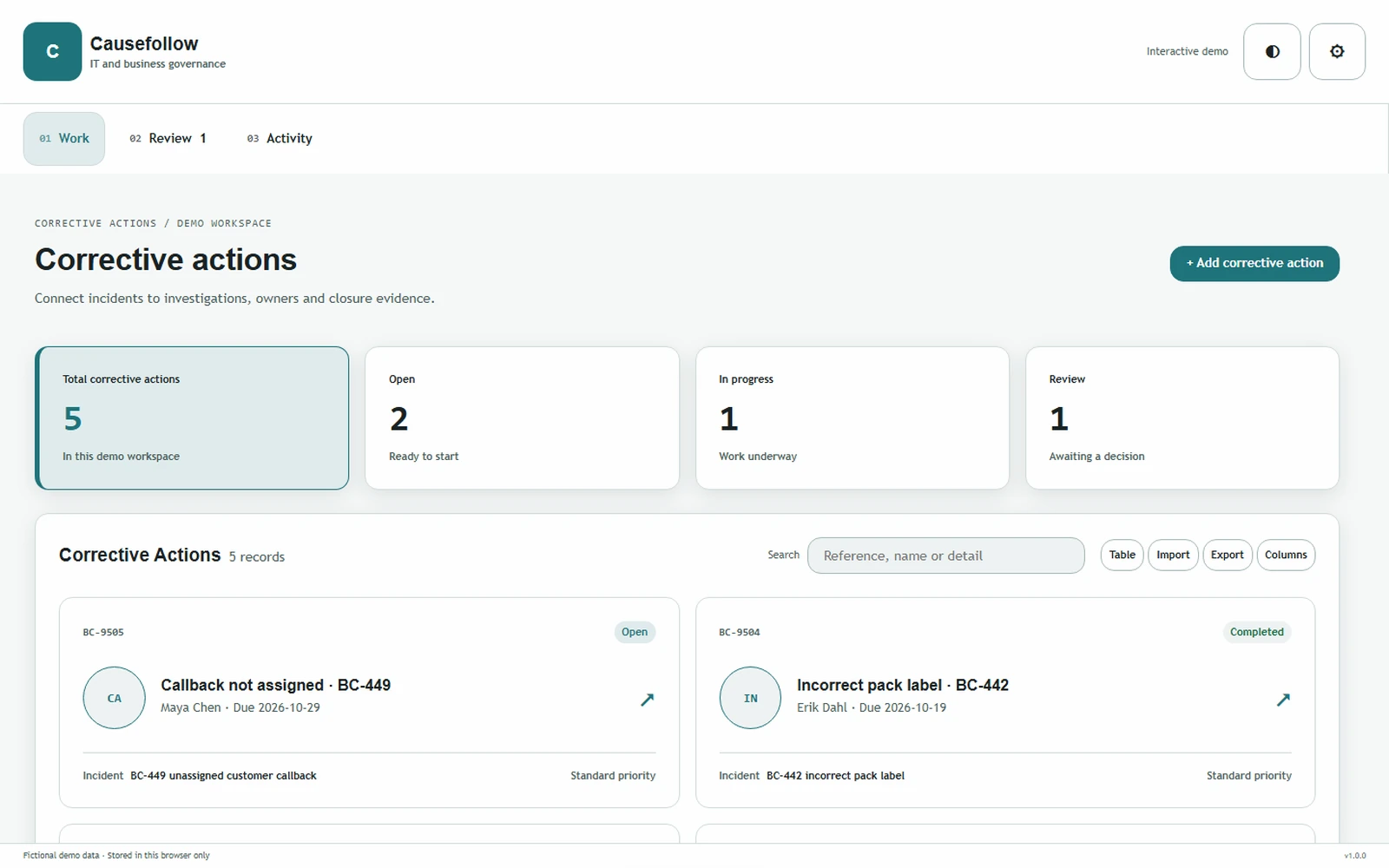 Causefollow responsive pc workspace with sample business records.