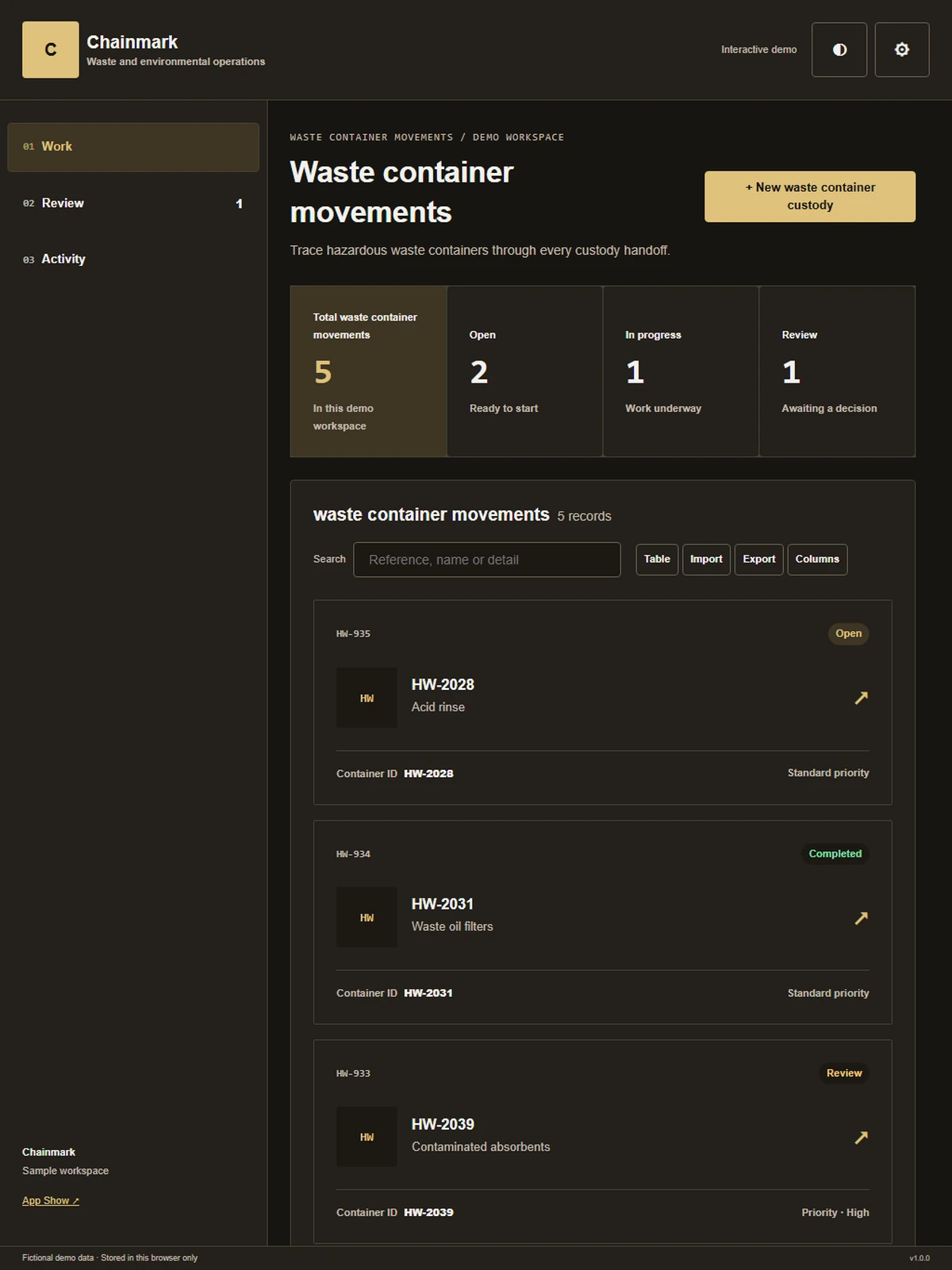 Chainmark responsive tablet workspace with sample business records.