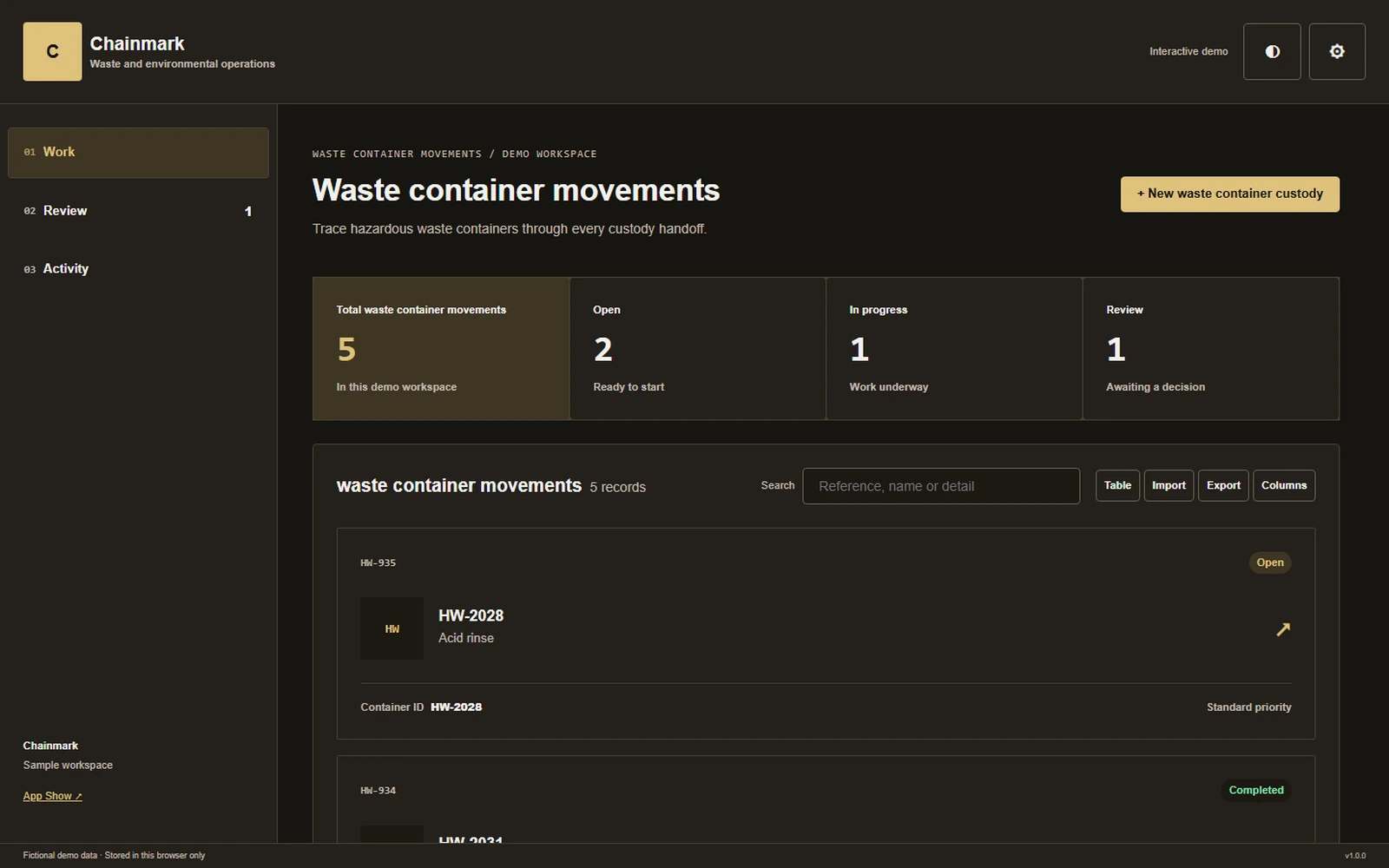 Chainmark responsive pc workspace with sample business records.
