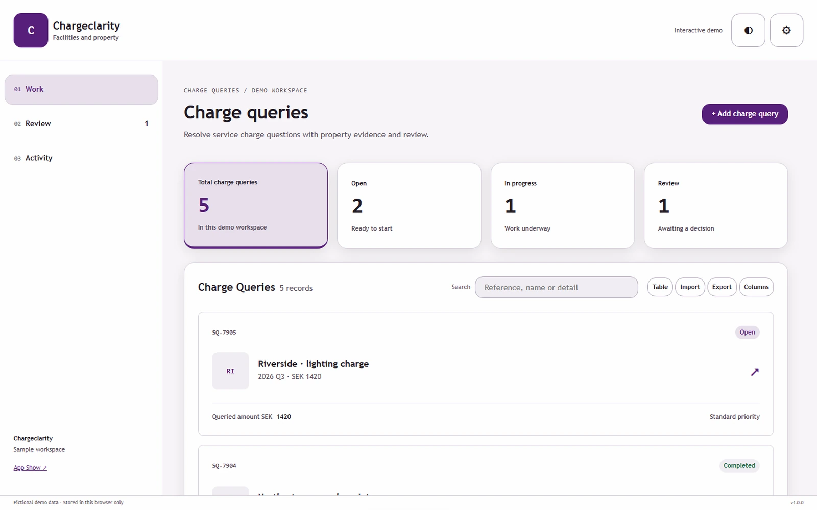 Chargeclarity responsive pc workspace with sample business records.