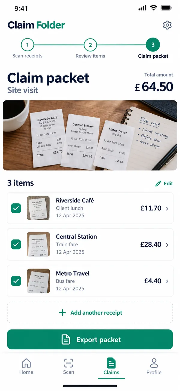 Claim Folder expense claim app: complete claim packet with receipts ready to send
