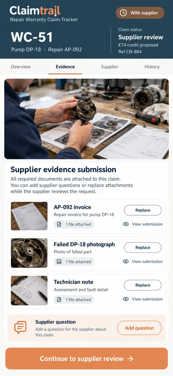 Claimtrail repair warranty claim app: complete evidence set prepared to send to the supplier