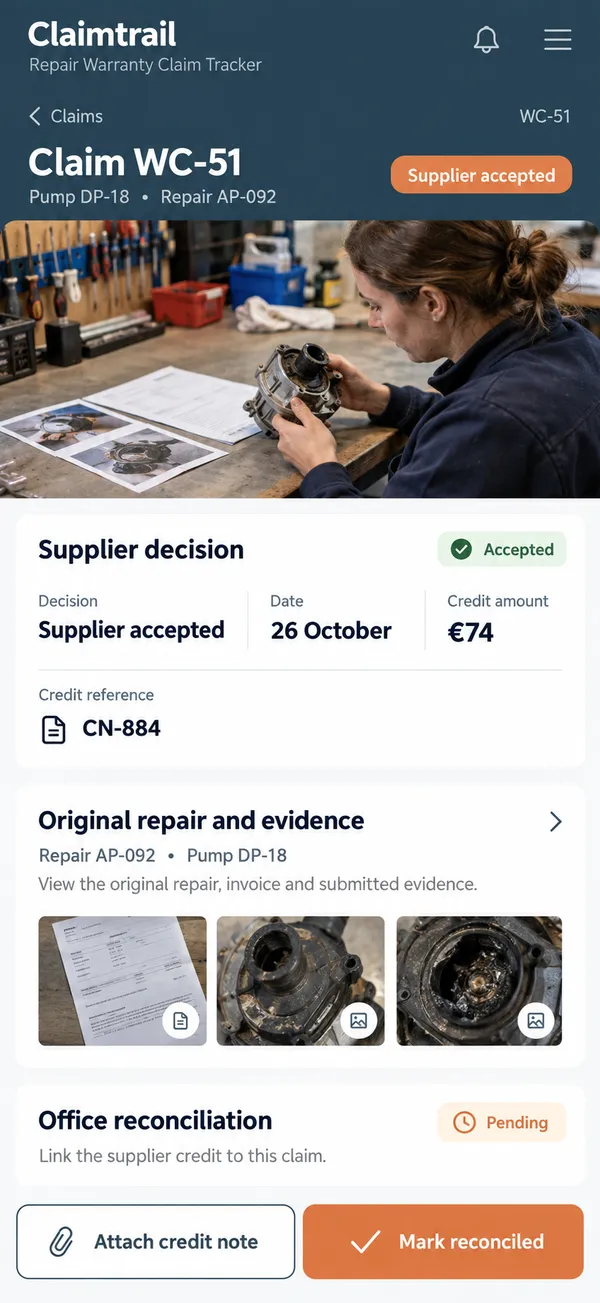 Claimtrail repair warranty claim app: supplier decision followed through to office reconciliation