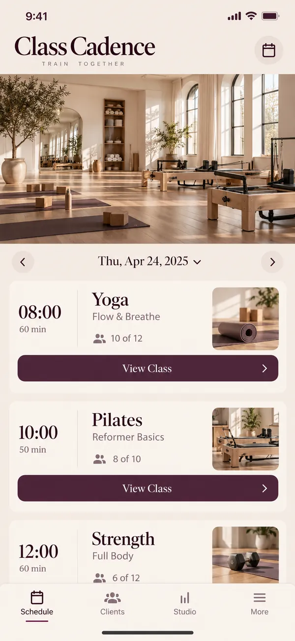 Class Cadence fitness class booking app: studio timetable with open places
