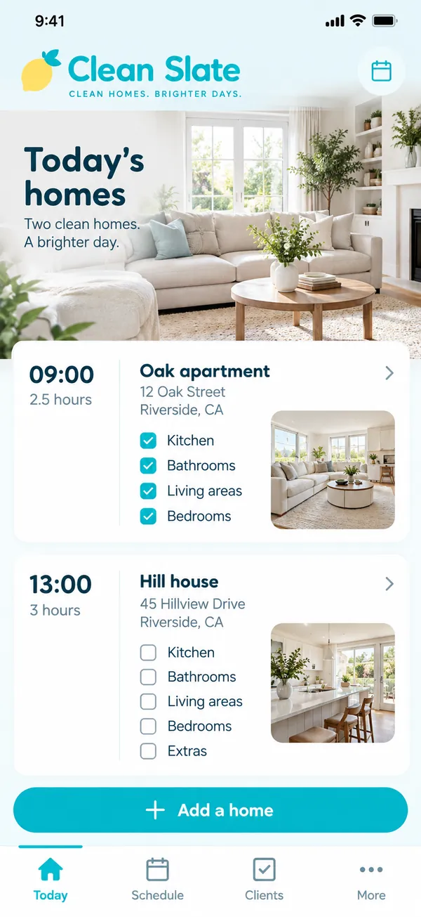Clean Slate house cleaning app: today's homes to clean with assigned cleaners