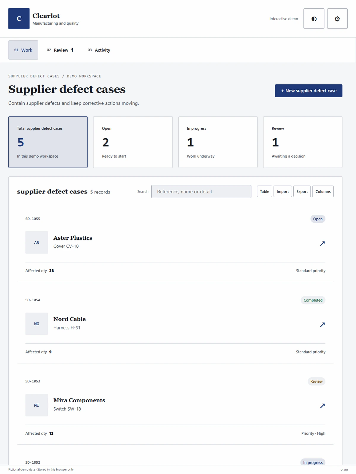 Clearlot responsive tablet workspace with sample business records.