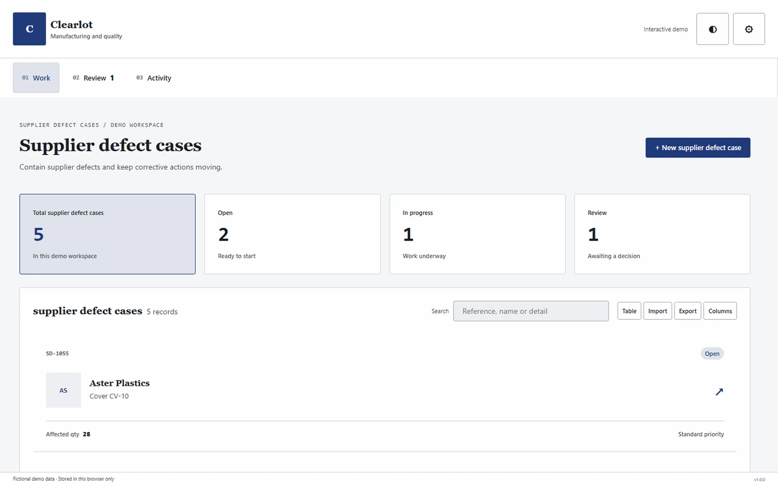 Clearlot responsive pc workspace with sample business records.