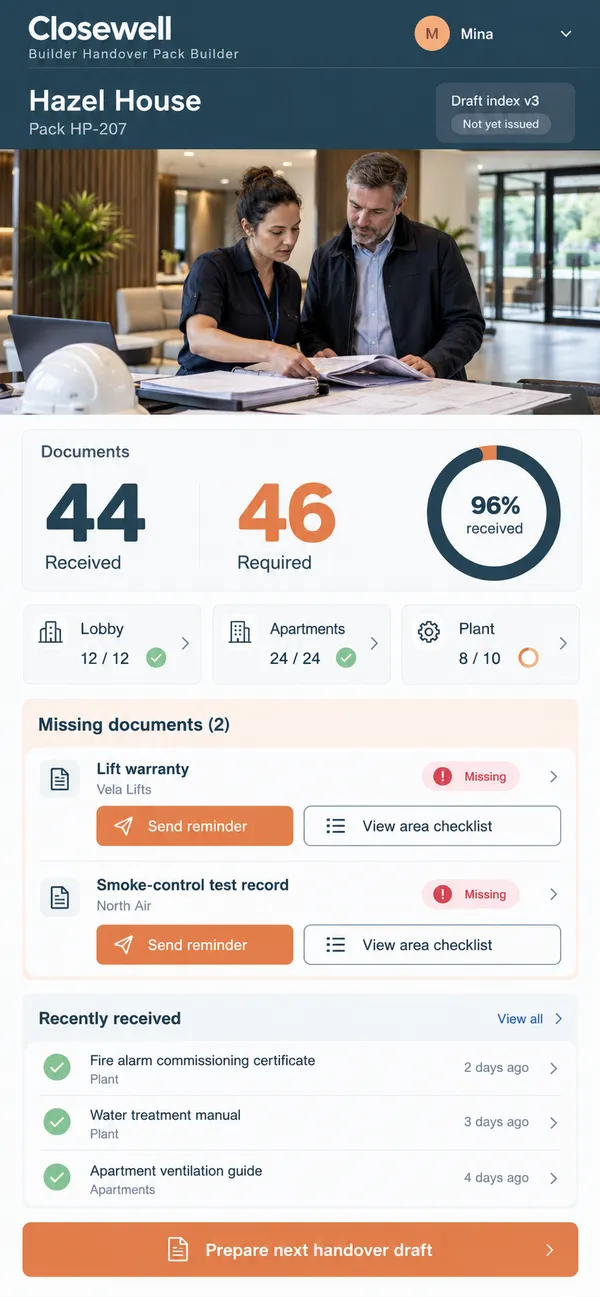 Closewell construction handover pack app: missing documents chased by building area