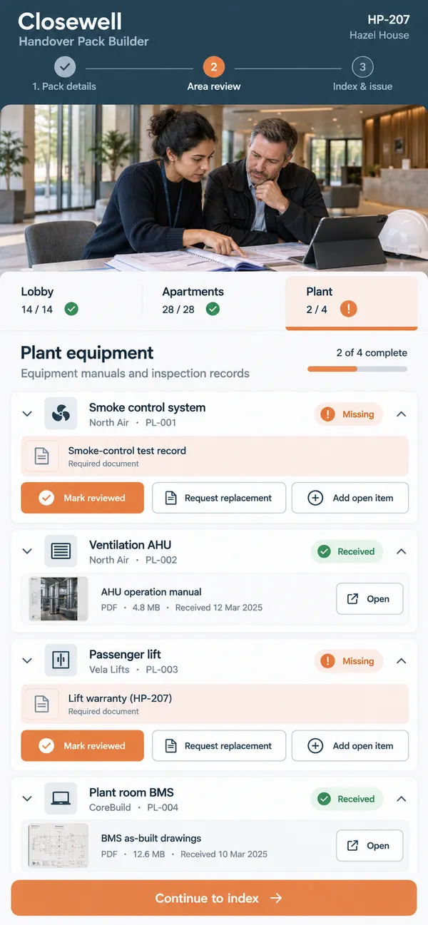 Closewell construction handover pack app: completeness review of manuals and certificates by area