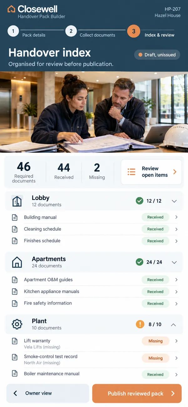 Closewell construction handover pack app: organized pack for the owner to review at project transfer