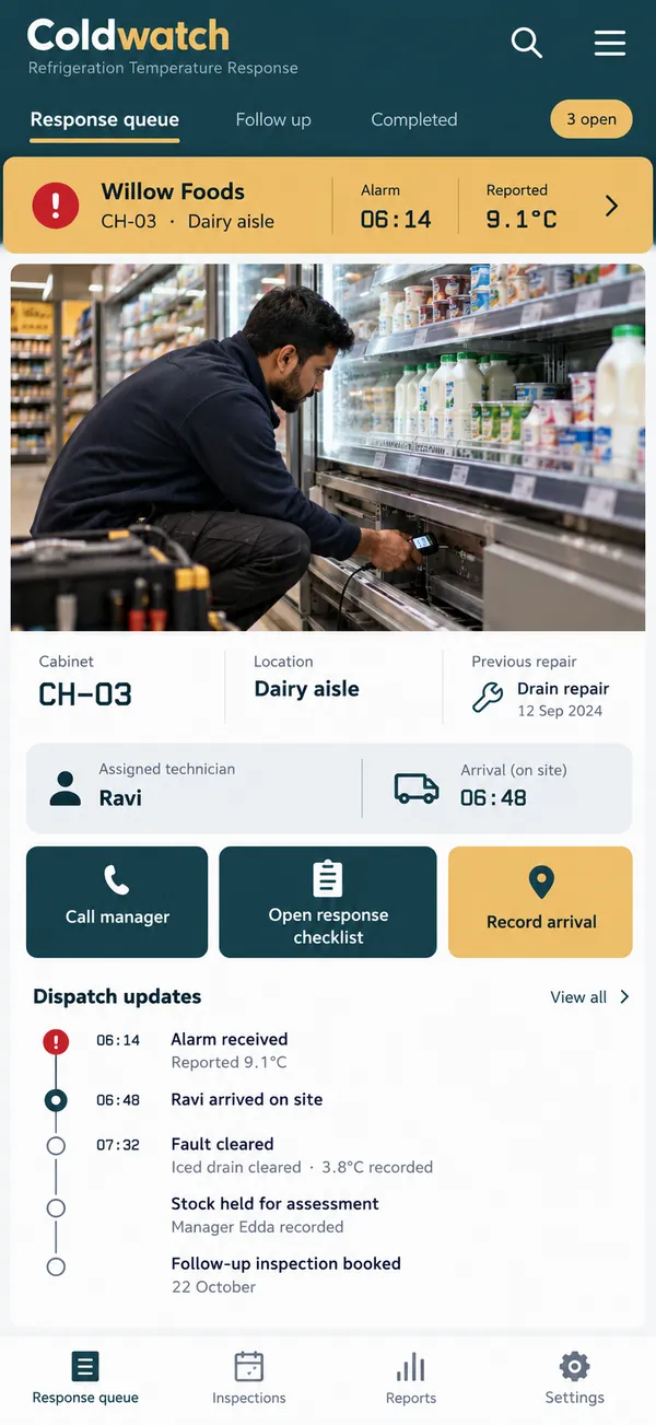 Coldwatch refrigeration service app: a temperature alarm matched to the affected cabinet and its fault history