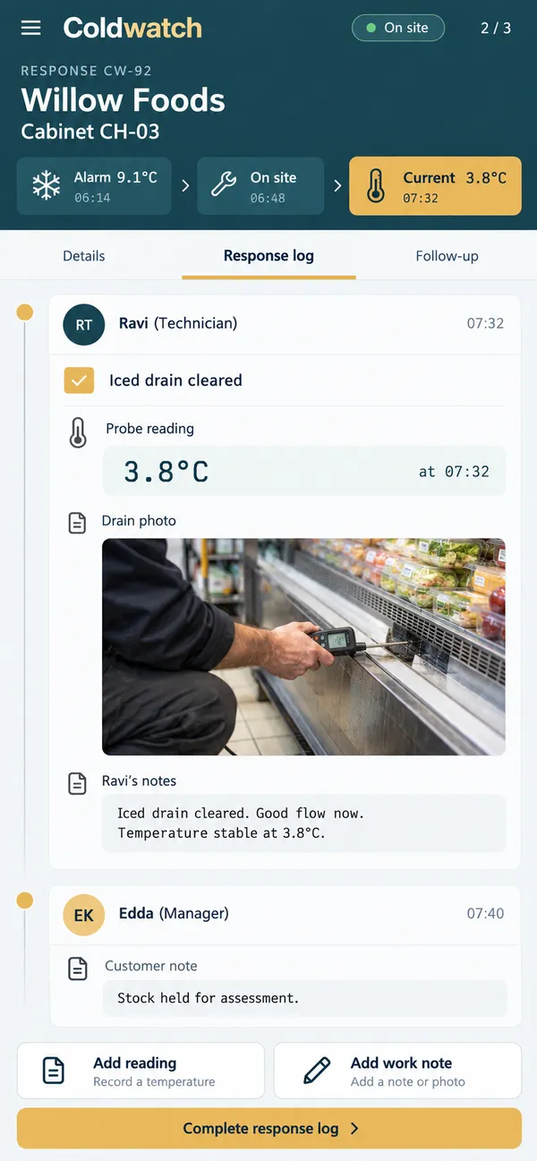 Coldwatch refrigeration service app: stock and storage observations with named contributors and customer decisions