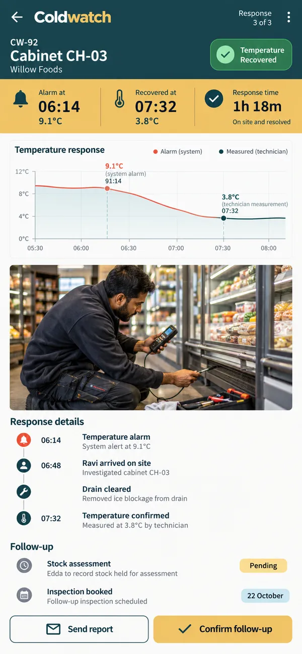 Coldwatch refrigeration service app: technician response timeline and the customer action still outstanding