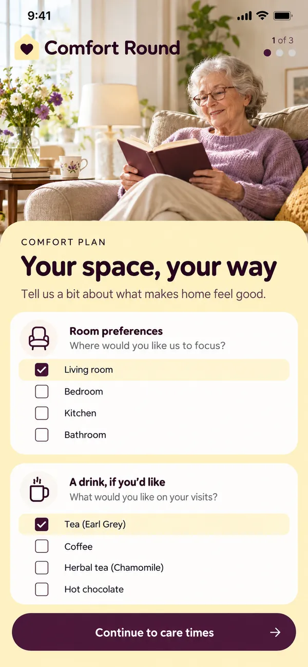 Comfort Round home care comfort check app: the person's comfort plan before the round