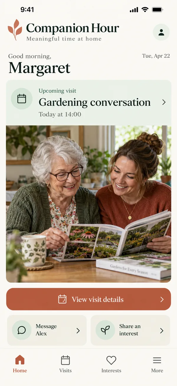 Companion Hour companionship visit app: upcoming visits with the activity chosen for each