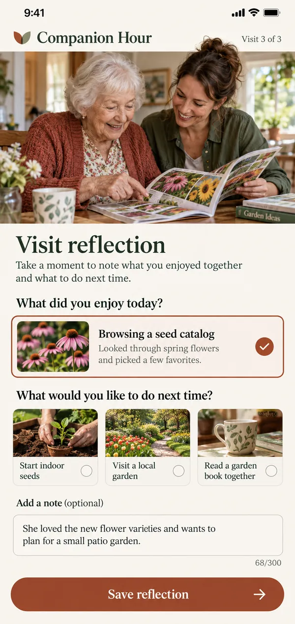 Companion Hour companionship visit app: a note on what was enjoyed and what to do next time