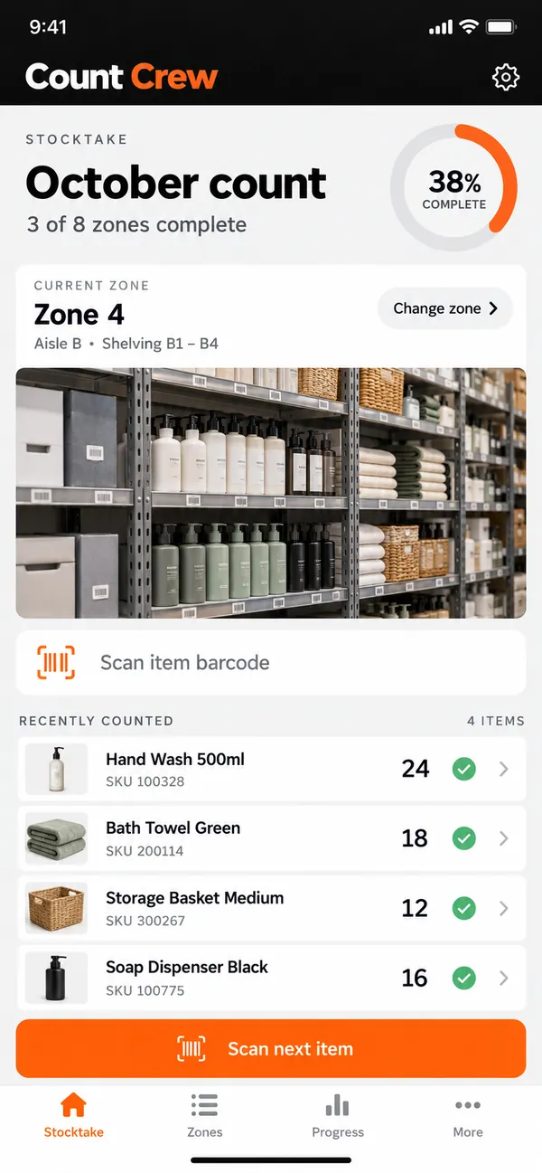 Count Crew stocktake app: stocktake overview split into zones with a counter named for each