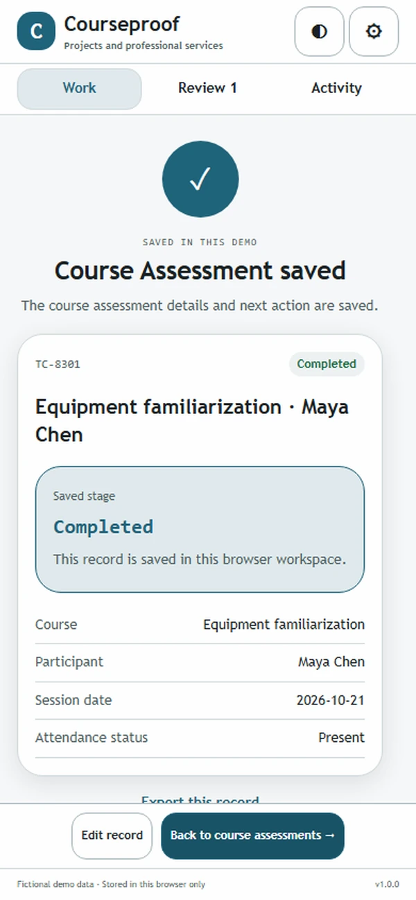 Courseproof: saved result with recorded details