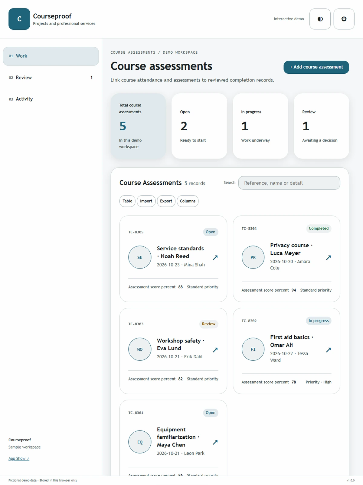 Courseproof responsive tablet workspace with sample business records.