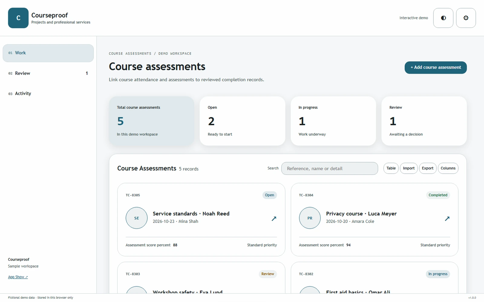 Courseproof responsive pc workspace with sample business records.