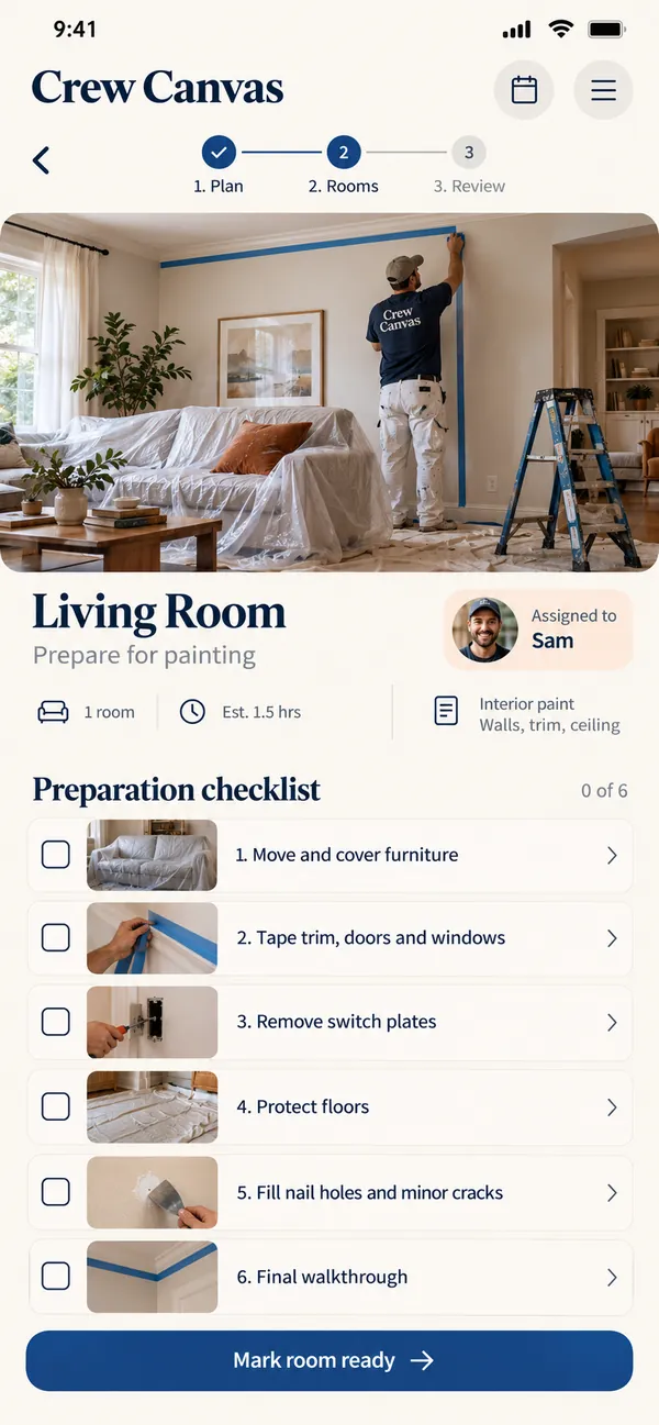 Follow a room task with its owner and progress photo.