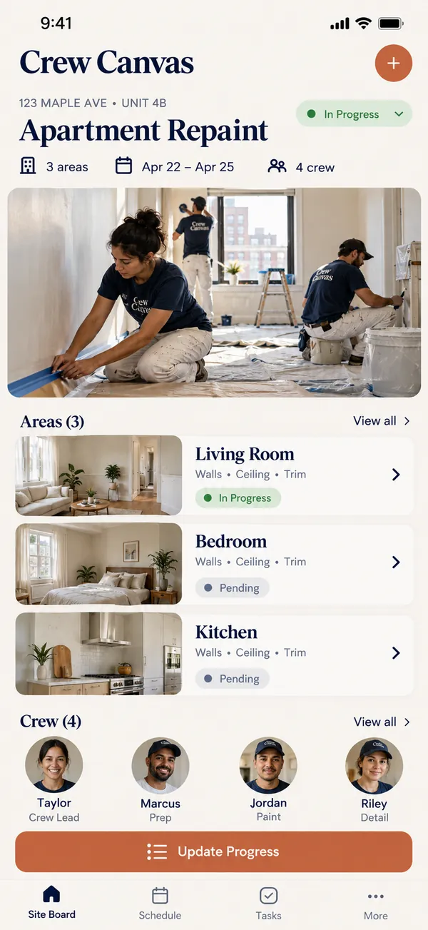 Crew Canvas job site task app: a job site split into work areas, each with its assigned tasks