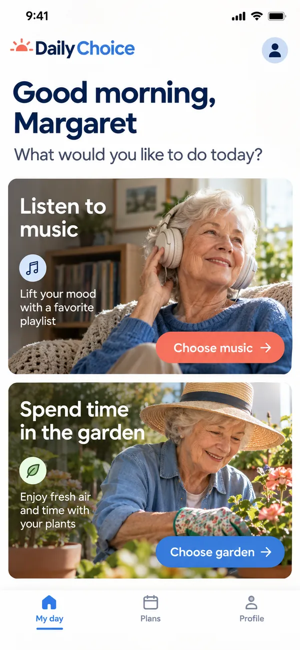 Daily Choice senior daily routine app: a day with the activities and routines the person chose