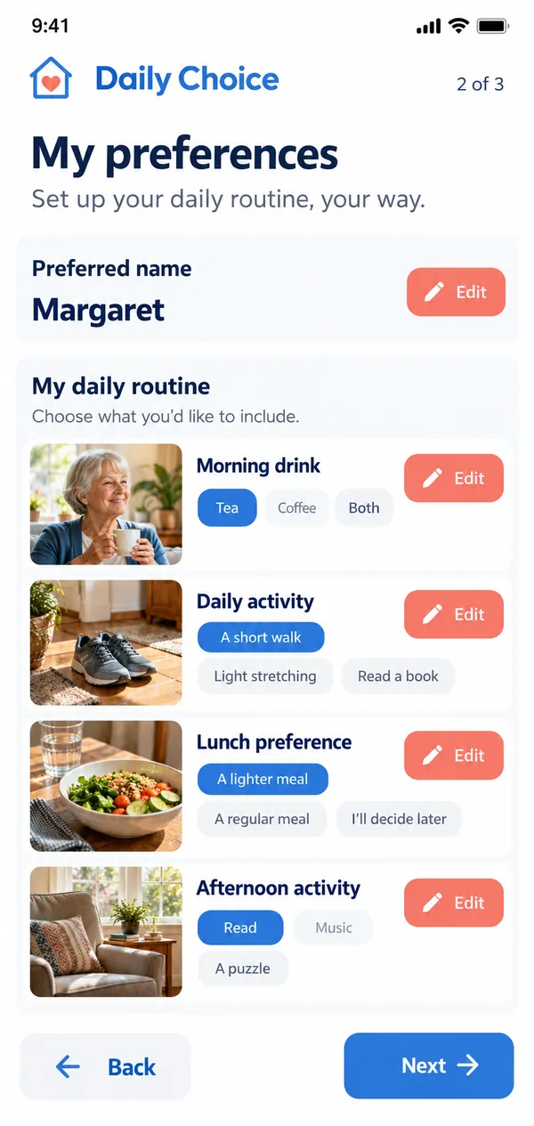 Daily Choice senior daily routine app: preferences and how the person likes to be addressed