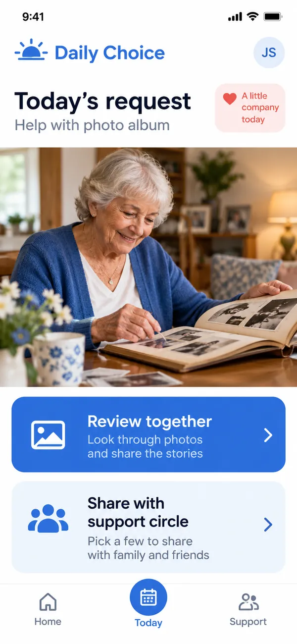 Daily Choice senior daily routine app: a request added for the support wanted today