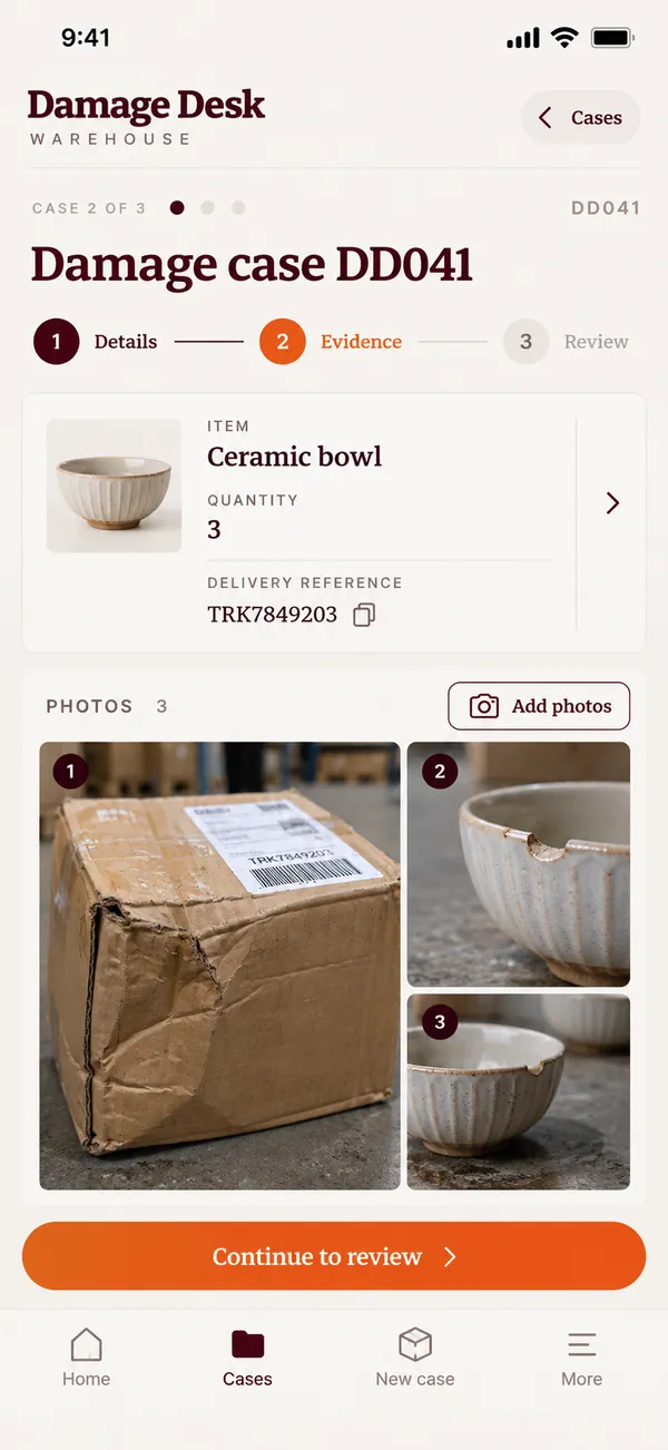 Build a case with photos, item details and handling notes.