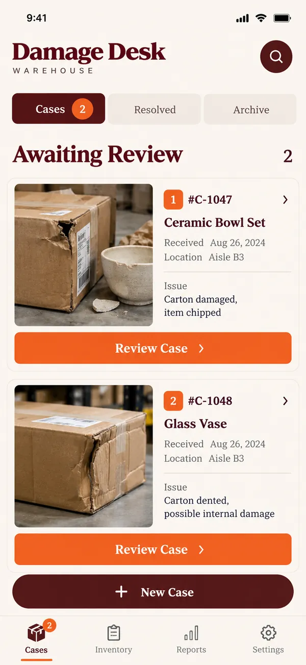 Damage Desk warehouse damage report app: damage cases that are open, awaiting review or closed