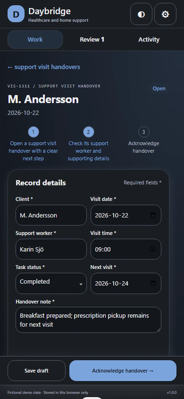 Daybridge: editable business record and action
