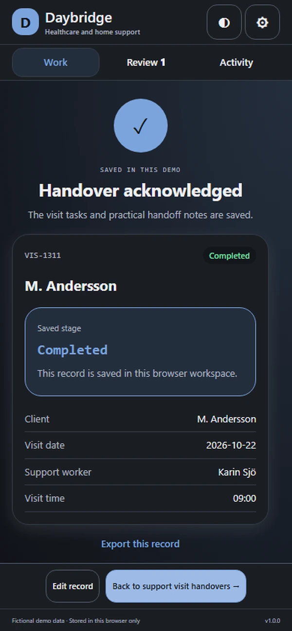 Daybridge: saved result with recorded details