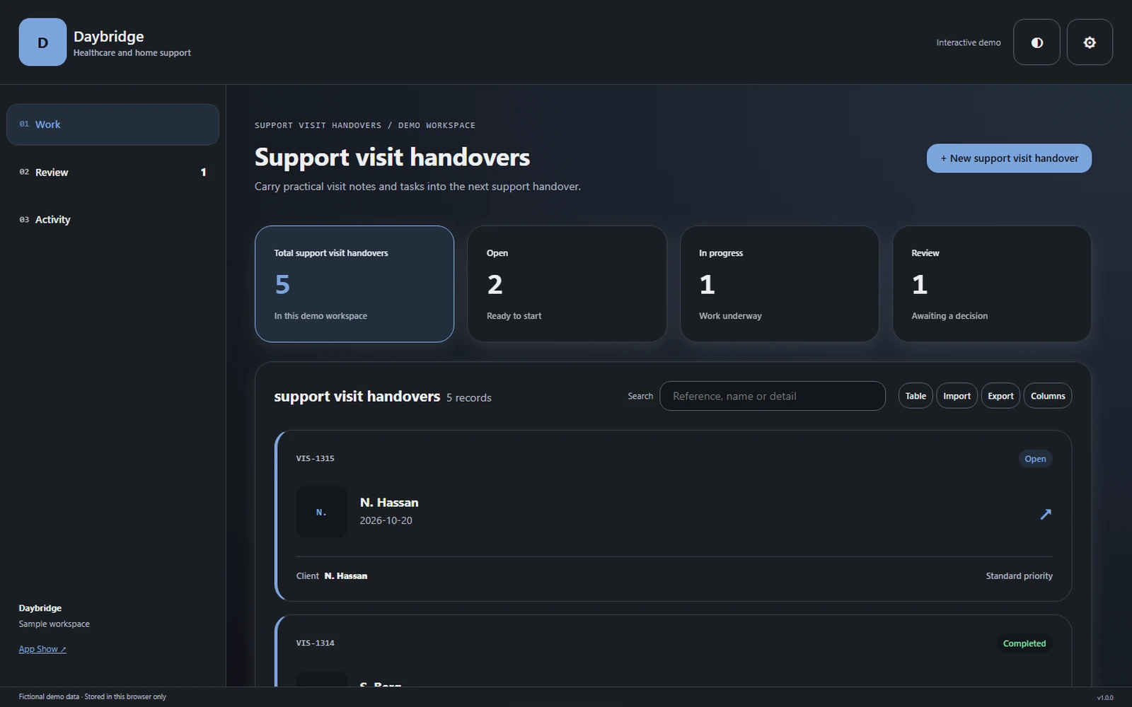 Daybridge responsive pc workspace with sample business records.