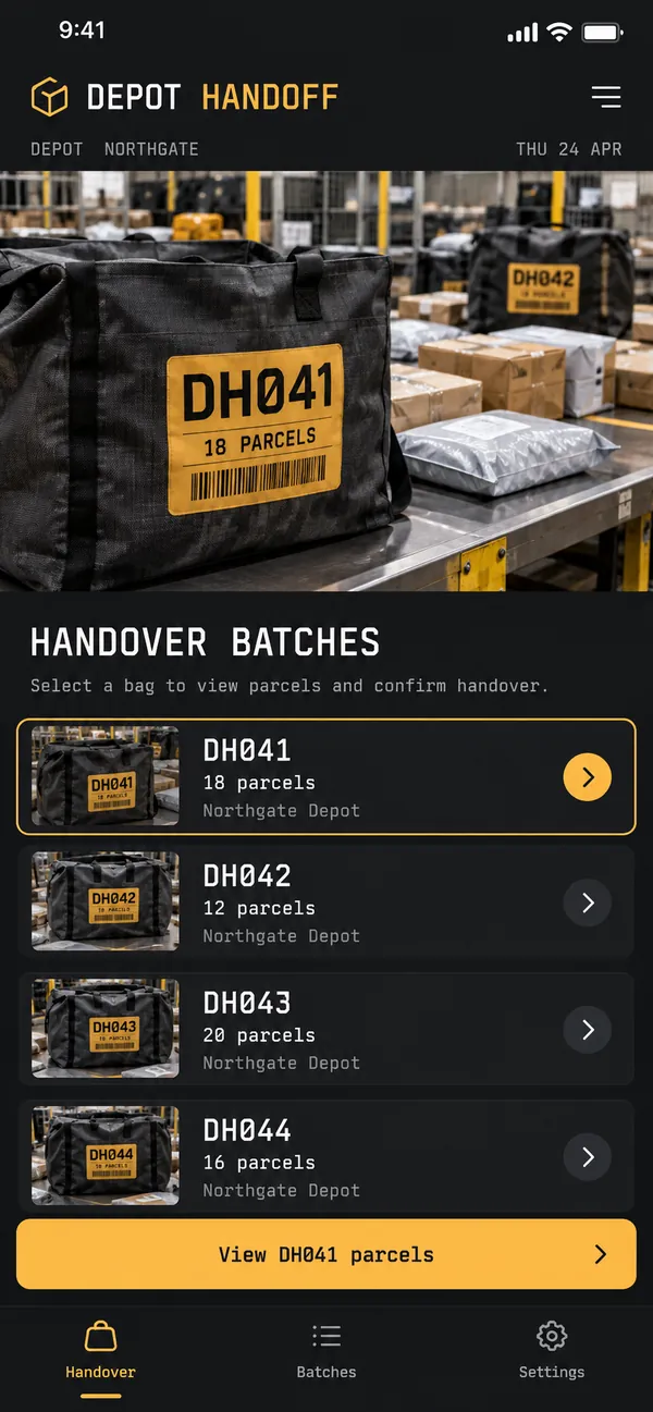 Depot Handoff courier depot app: handover batches waiting for the next team