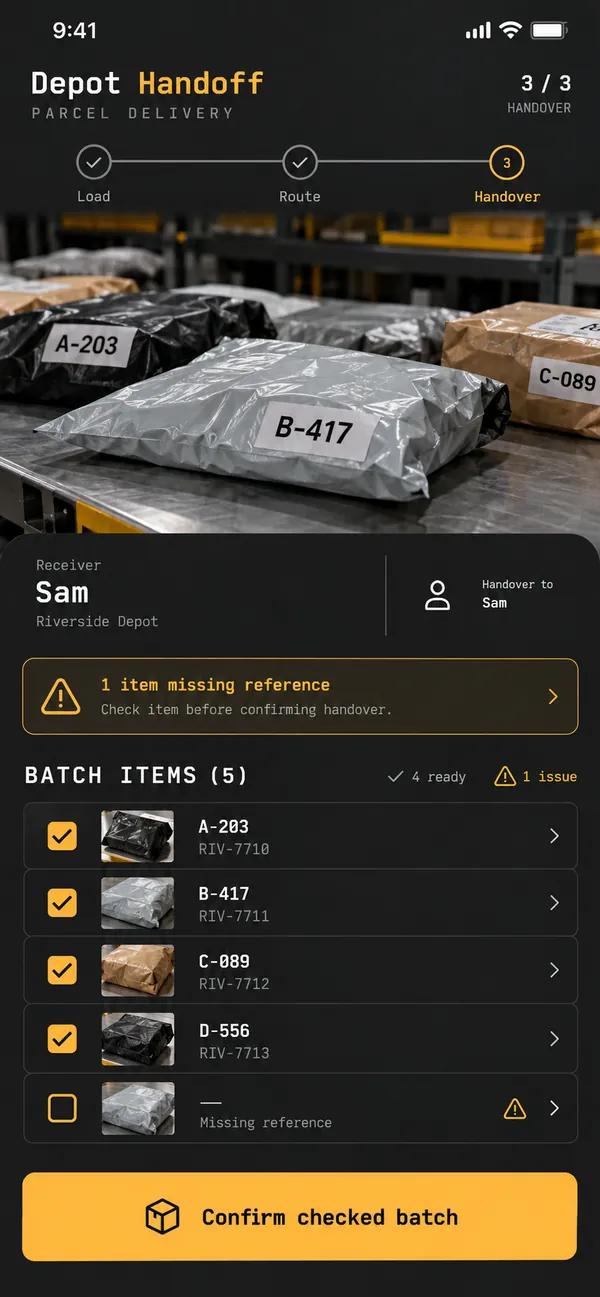 Depot Handoff courier depot app: the checked list and notes reviewed before closing
