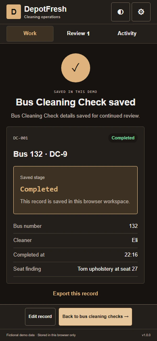 DepotFresh: saved result with recorded details