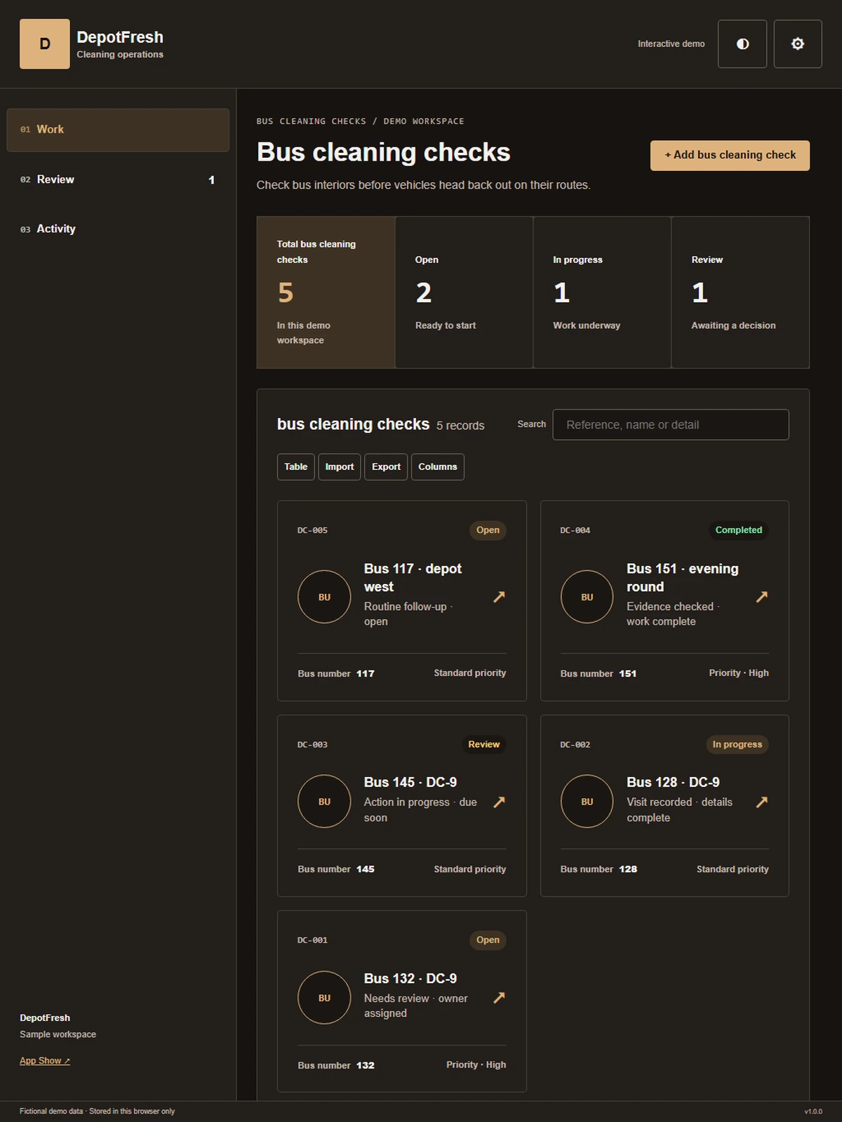 DepotFresh responsive tablet workspace with sample business records.