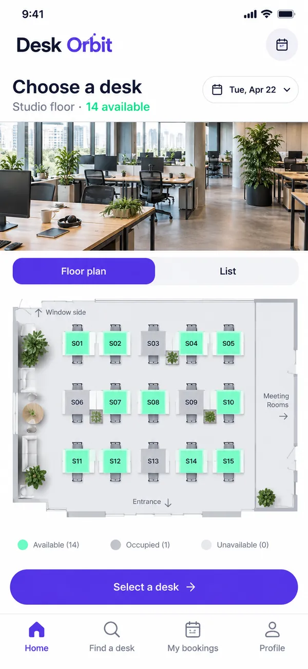 Desk Orbit desk booking app: choosing a desk with its zone and equipment