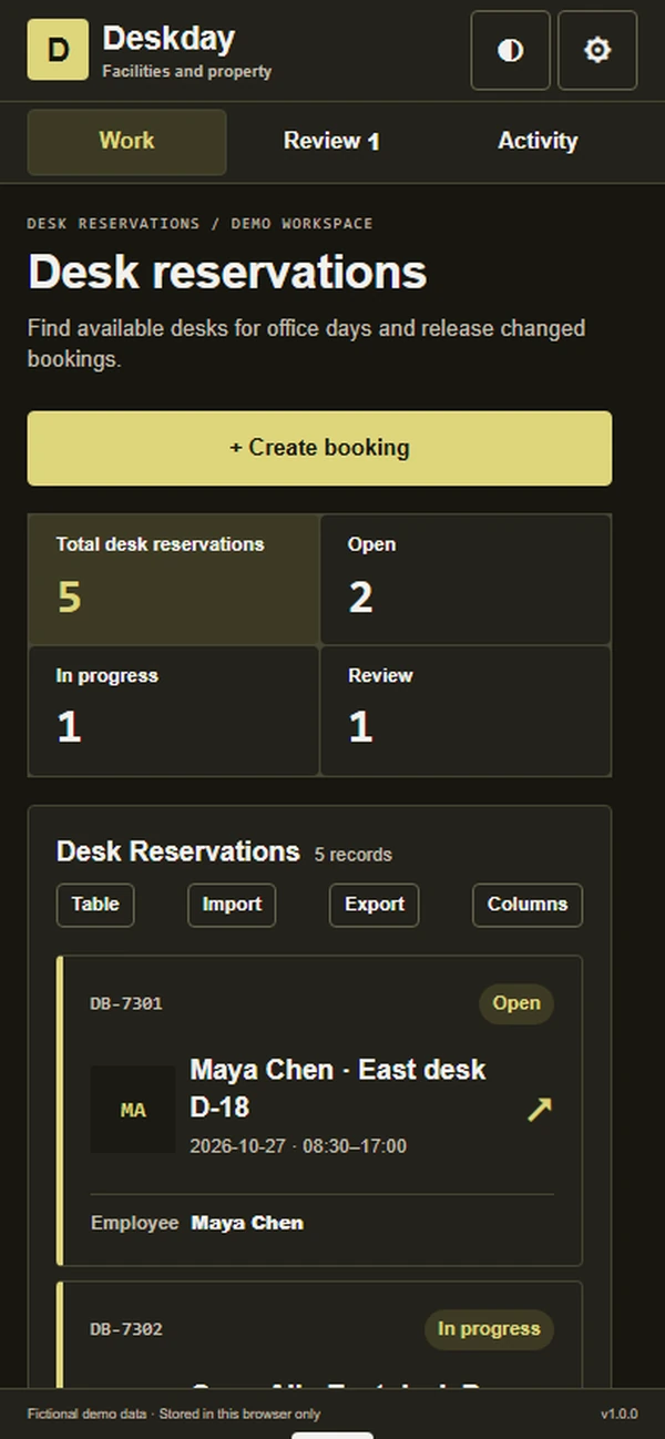 Deskday: work queue with sample records