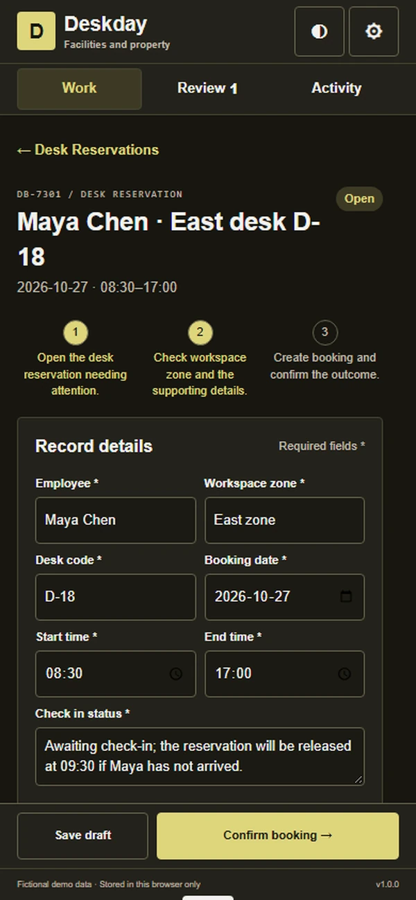 Deskday: editable business record and action