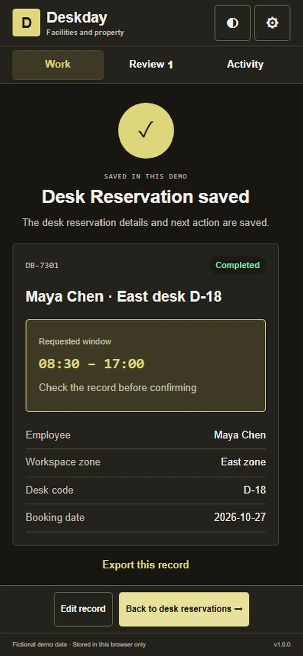 Deskday: saved result with recorded details
