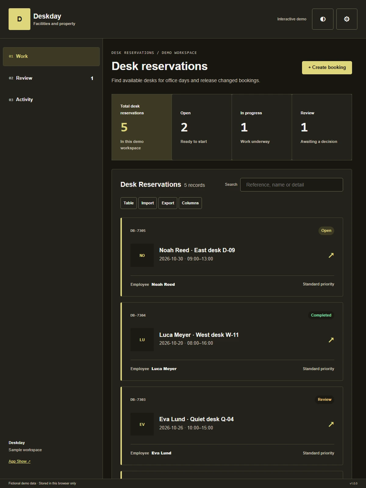 Deskday responsive tablet workspace with sample business records.