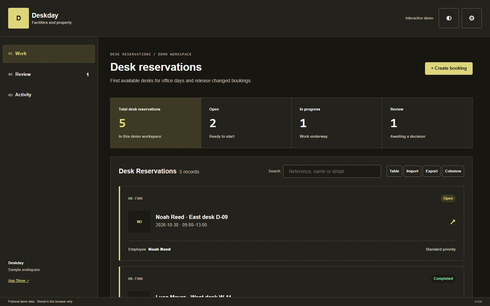 Deskday responsive pc workspace with sample business records.
