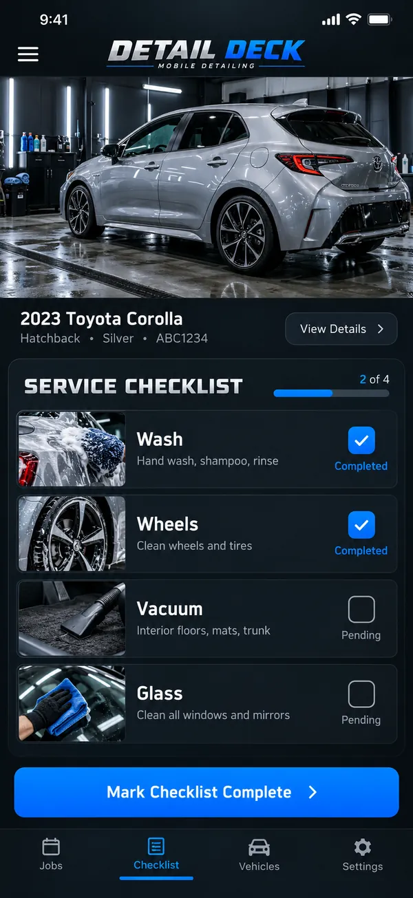 Detail Deck car detailing app: service checklist for a detailing package
