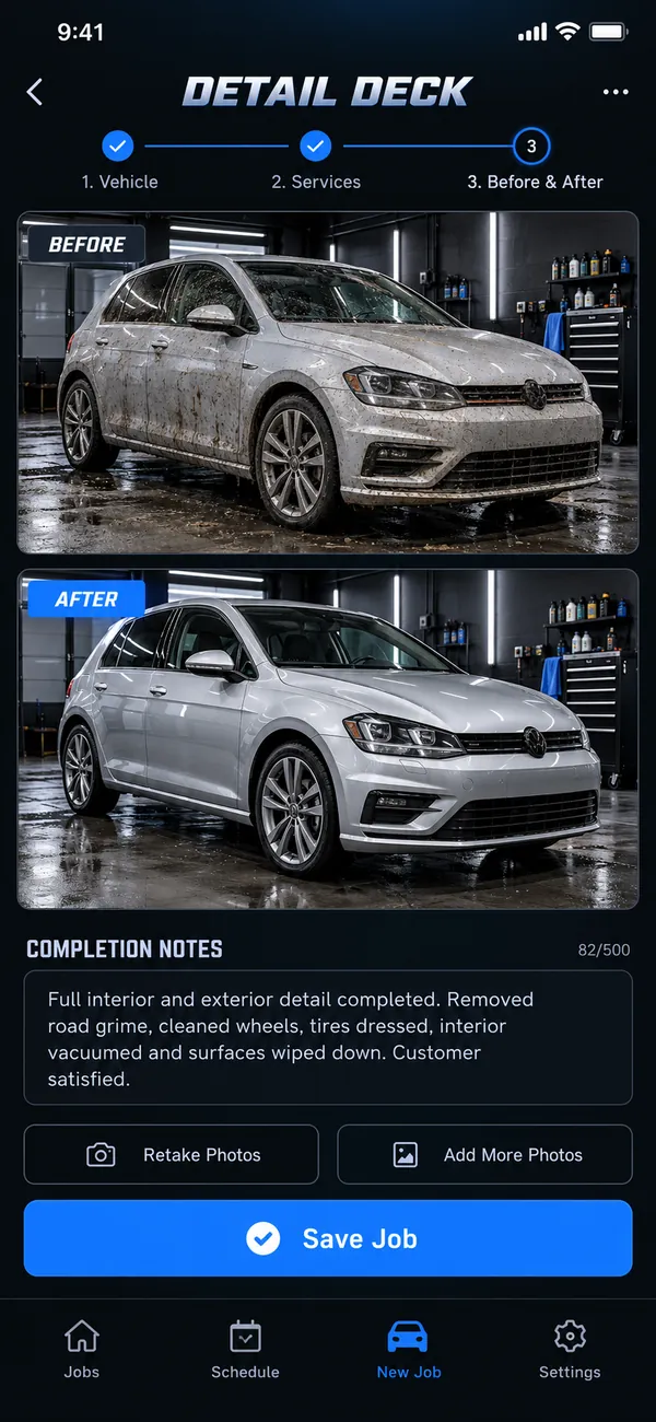 Detail Deck car detailing app: before and after photos of the vehicle for a detailing job