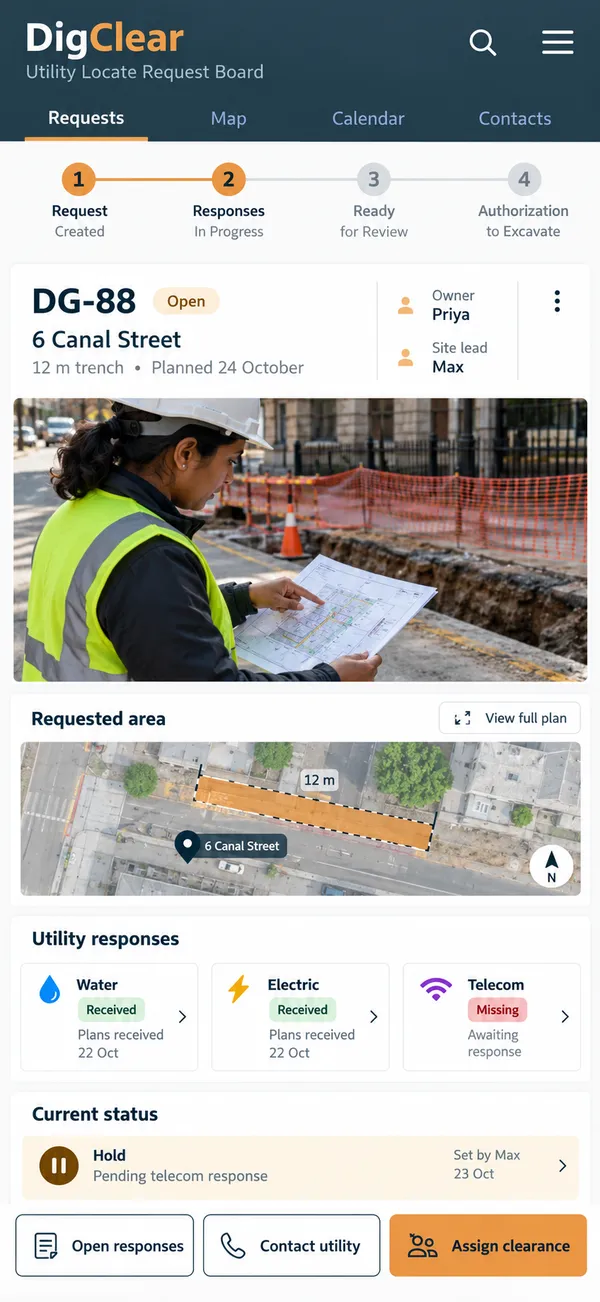 DigClear utility locate app: a missing utility response shown ahead of the planned dig