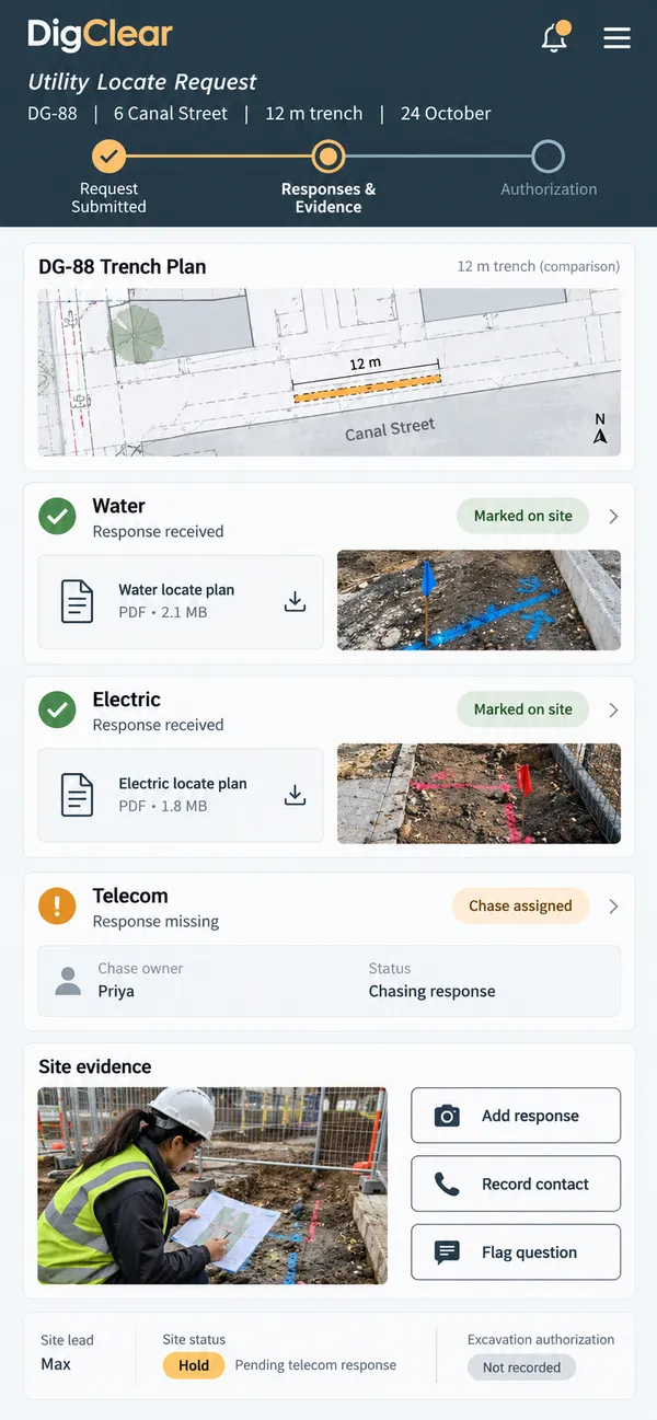 DigClear utility locate app: locate evidence assembled with unresolved questions kept visible