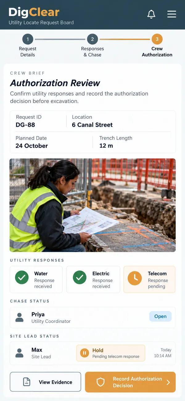 DigClear utility locate app: the lead's current dig status for the excavation crew